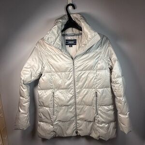 Lands End Wide Channel Quilted Puffer Coat Sz M Silver Down Filled ZipUp Jacket